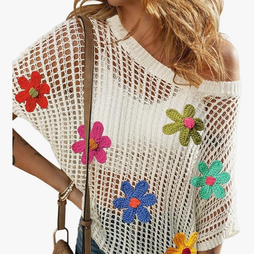 NWOT Floral Crochet Knit Sweater - White
